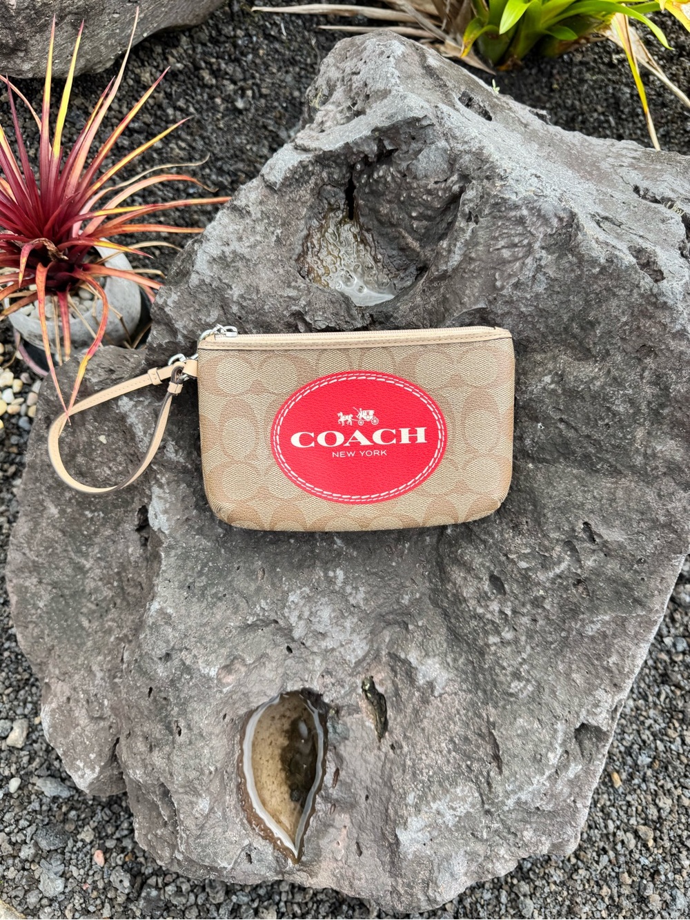 Coach Signature Wristlet Pouch Red Logo Khaki Canvas Zip Bag